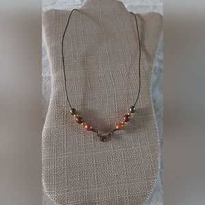 New Handmade Peacock, Wine & Peach Pearl & Brown Metallic Leather Necklace